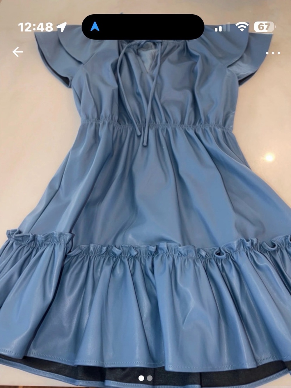Light Blue Ruffle Hem Mini Dress with Tie Neck